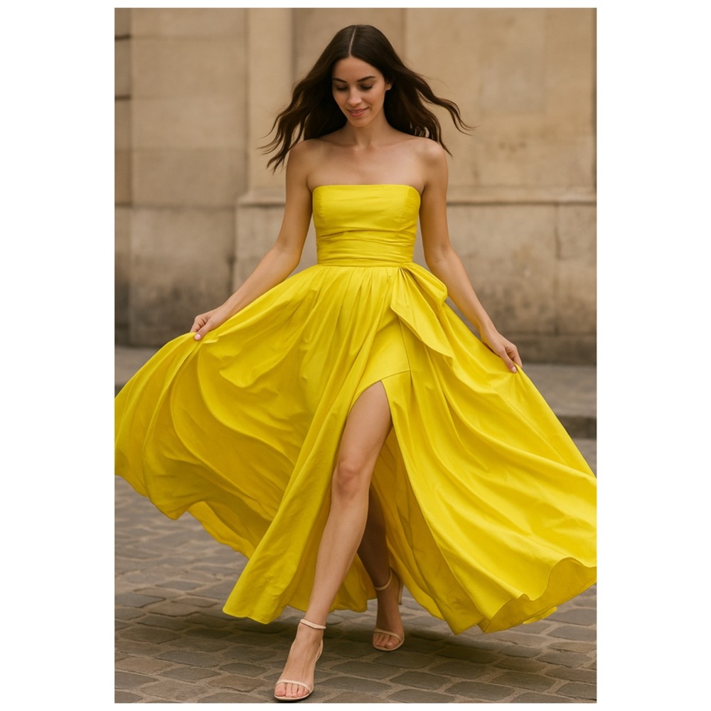 PINKO Strapless Taffeta Maxi Gown Neon Yellow Dress 42 M | Formal NWT